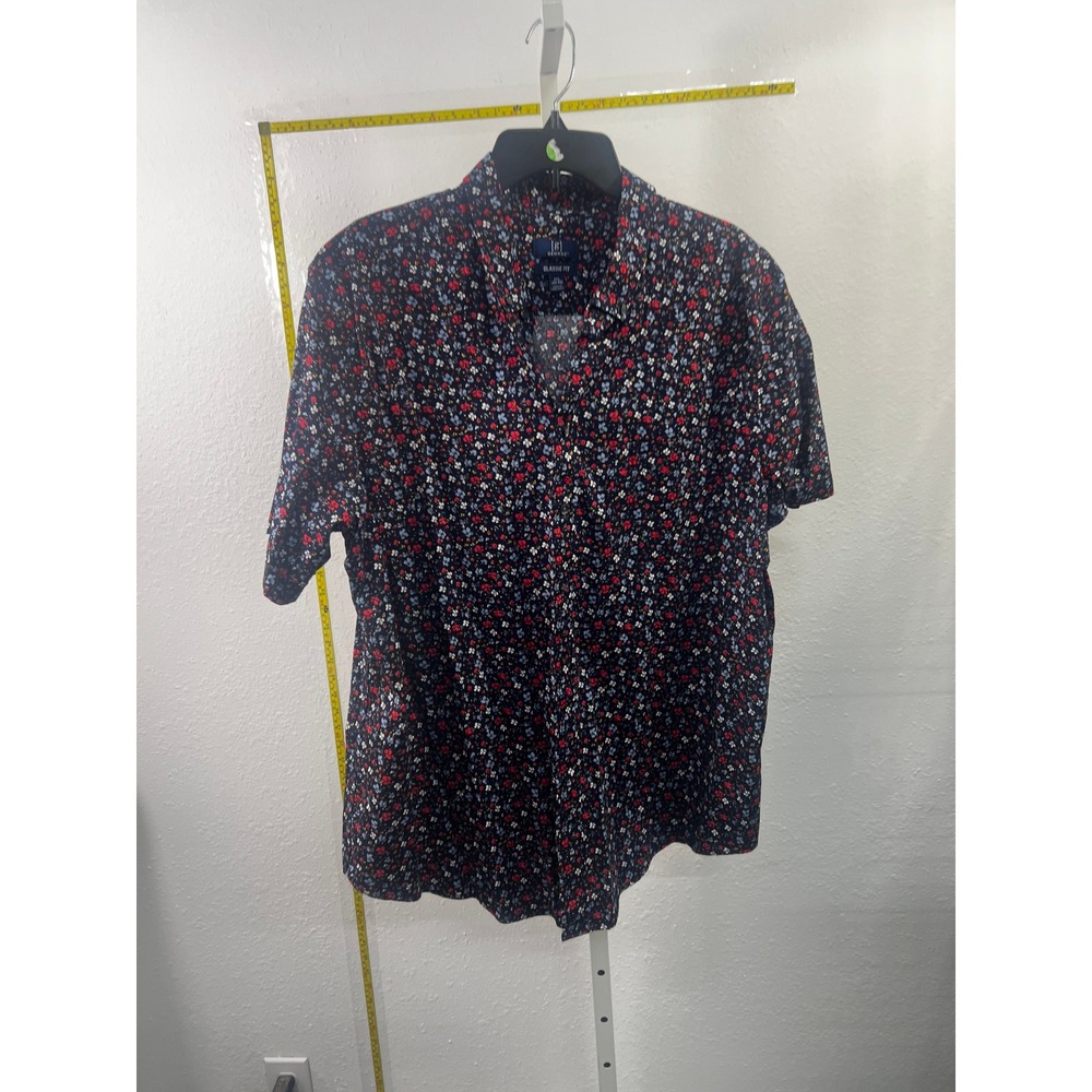 George Men2XL Classic Fit Short Sleeve Button Down Shirt Navy Floral Ditsy Print